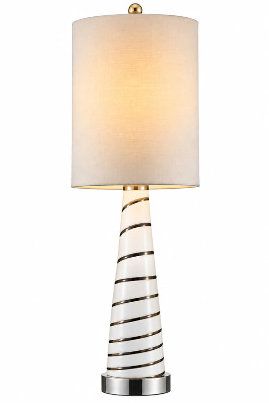 Modern White Table Lamp with Black Spiral Stripe Base and Tall Drum Shade