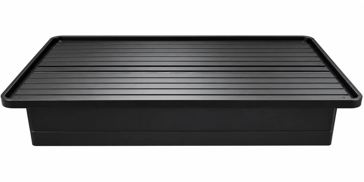 Black Steel Platform Bed Base with Horizontal Slat Support and Enclosed Side Panels with 1,800 lbs Weight Capacity, 18-Inch Height, Black Finish