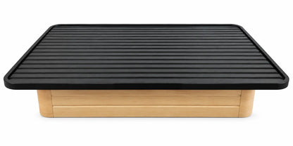 Black Steel Platform Bed Base with Horizontal Slat Support and Brown Enclosed Base