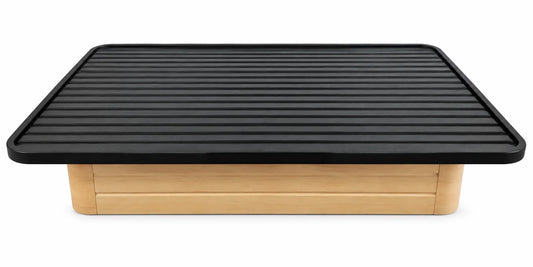 Black Steel Platform Bed Base with Horizontal Slat Support and Brown Enclosed Base