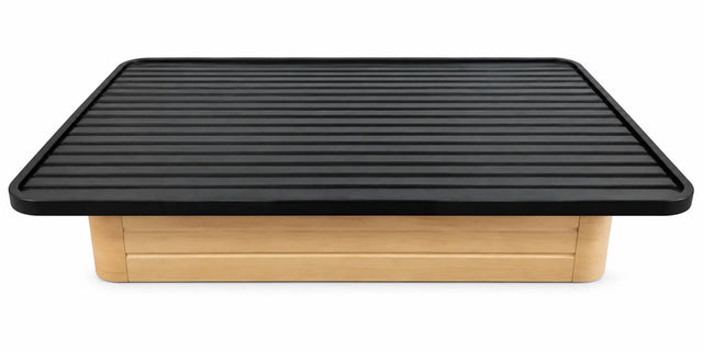 Black Steel Platform Bed Base with Horizontal Slat Support and Brown Enclosed Base