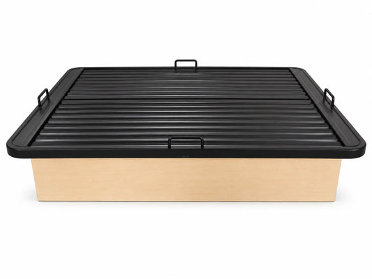 Black Steel Platform Bed Base with Horizontal Slat Support and Beige Enclosed Side Panels with 1,800 lbs Weight Capacity, 18-Inch Height, Black Finish