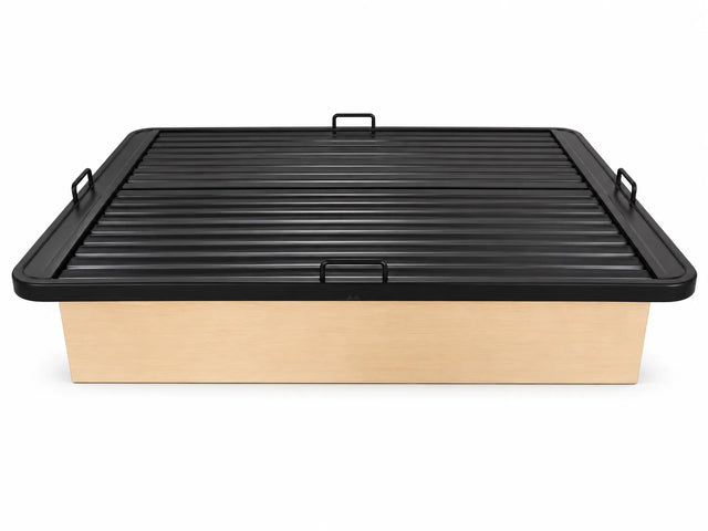 Black Steel Platform Bed Base with Horizontal Slat Support and Beige Enclosed Side Panels with 1,800 lbs Weight Capacity, 18-Inch Height, Black Finish