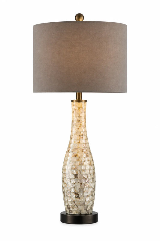 Mosaic Glass-Style Table Lamp with Dark Drum Shade and Sculpted Vase Base