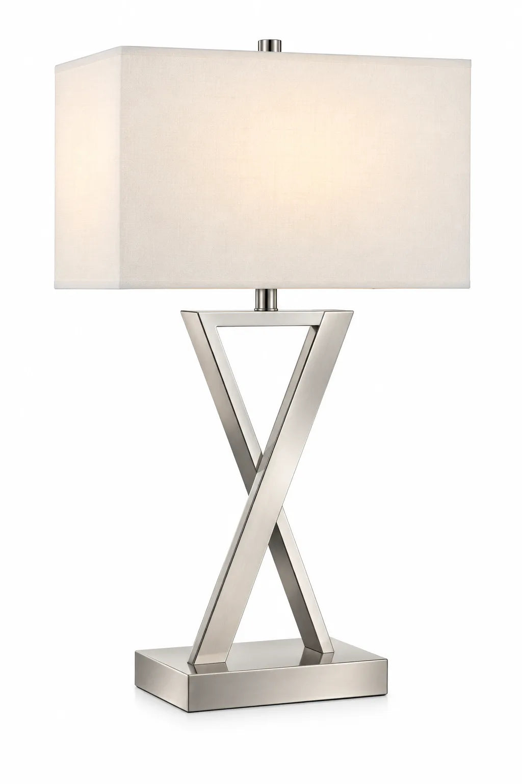 Modern Silver X-Frame Table Lamp with White Rectangular Shade and Geometric Base