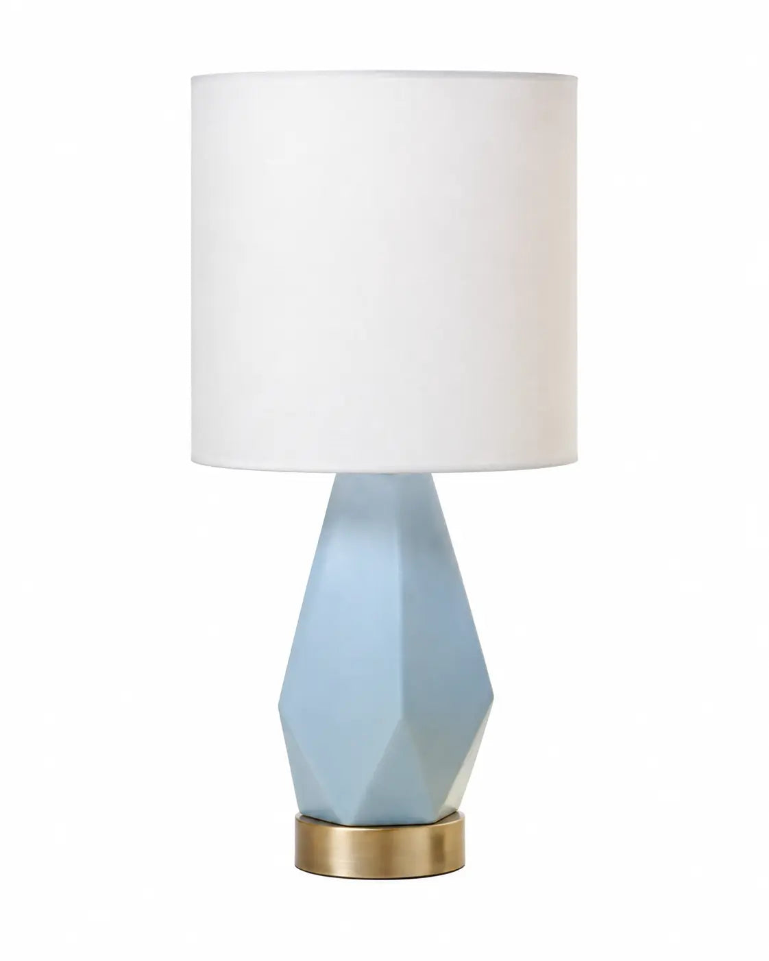 Modern Blue Geometric Table Lamp with White Drum Shade and Gold-Tone Base