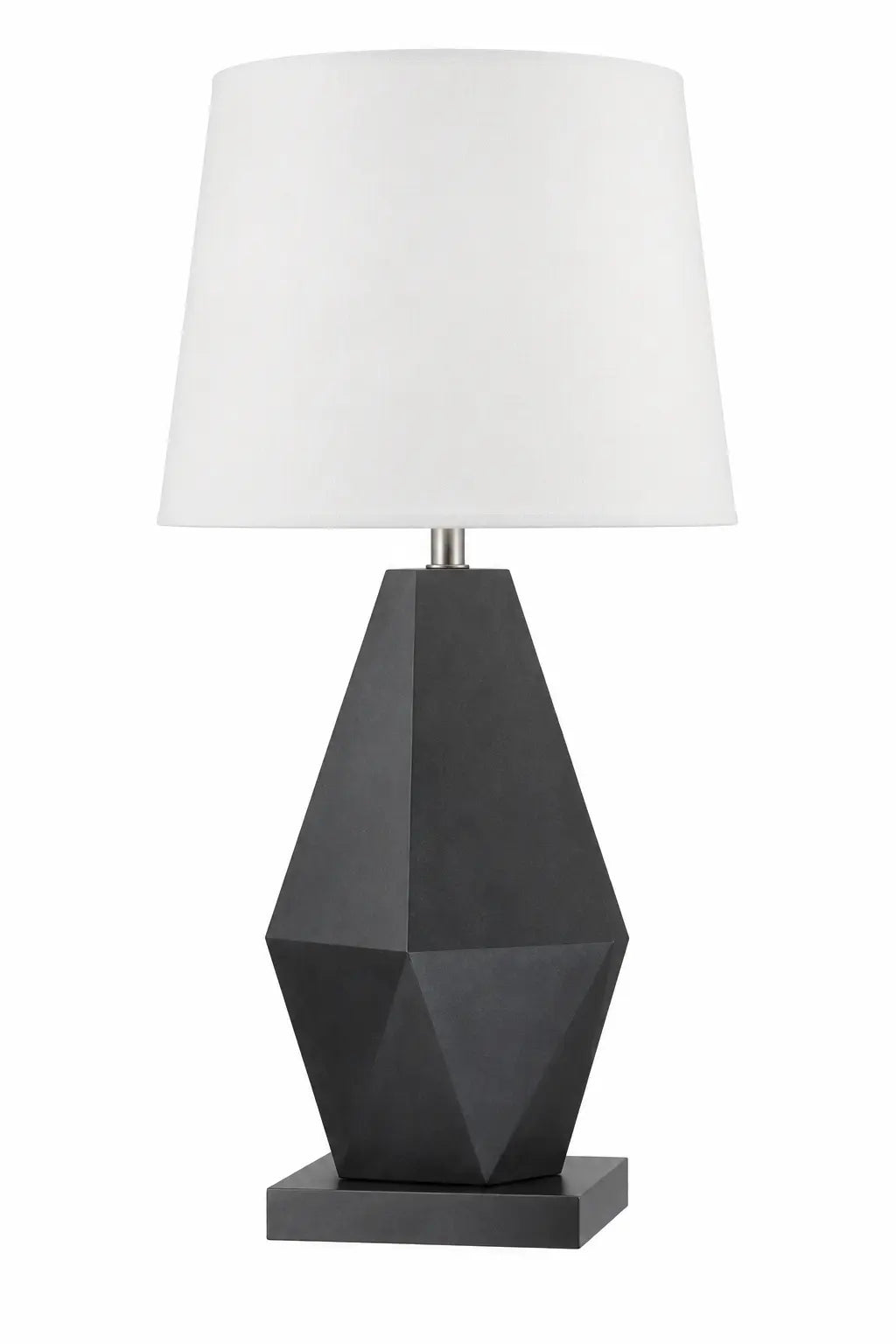 Dark Geometric Table Lamp with White Tapered Shade and Faceted Sculptural Base