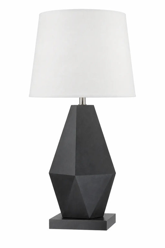 Dark Geometric Table Lamp with White Tapered Shade and Faceted Sculptural Base