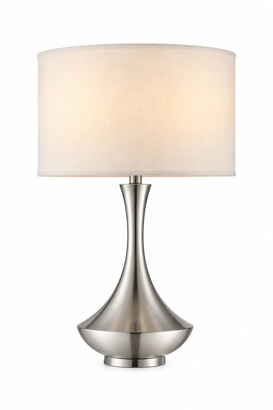 Brushed Silver Table Lamp with White Drum Shade and Sculptural Teardrop Base