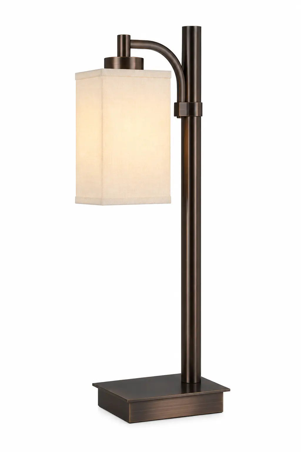 Dark Bronze Table Lamp with White Cylinder Shade and Curved Offset Arm