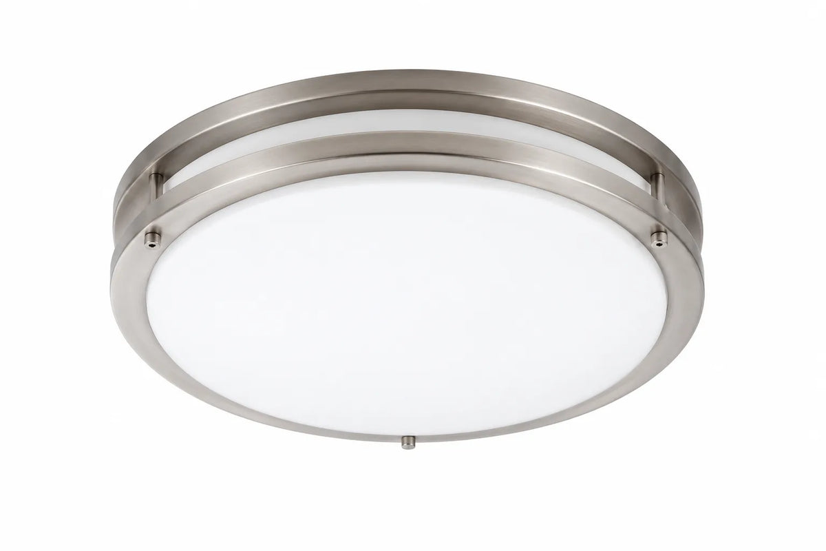 Brushed Nickel Round Flush Mount Ceiling Light with White Diffuser and Layered Ring Trim