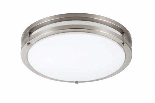 Brushed Nickel Round Flush Mount Ceiling Light with White Diffuser and Layered Ring Trim