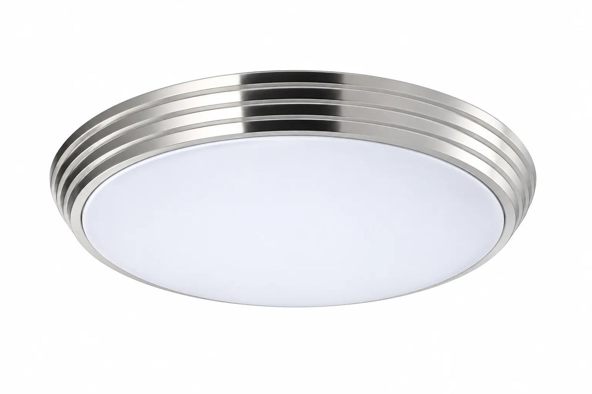 Chrome Round Flush Mount Ceiling Light with White Diffuser and Concentric Ring Trim