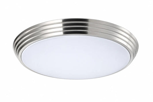 Chrome Round Flush Mount Ceiling Light with White Diffuser and Concentric Ring Trim