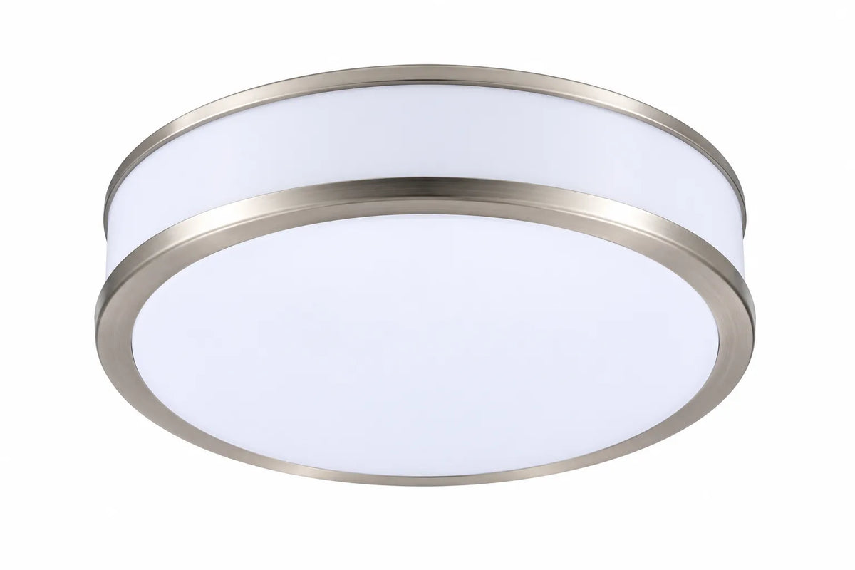 Modern Round Flush Mount Ceiling Light with White Diffuser and Brushed Nickel Double-Ring Trim