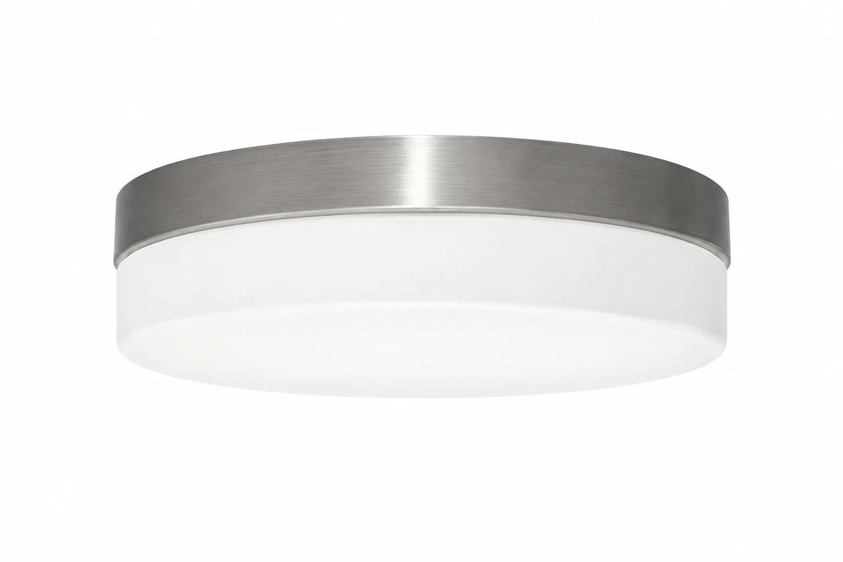 Modern Round Flush Mount Ceiling Light with Brushed Nickel Band and White Diffuser