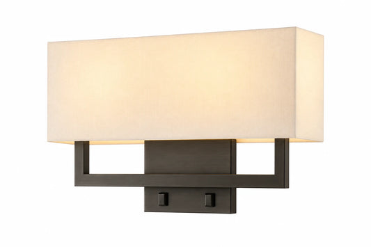 Dark Bronze Double-Light Wall Lamp with Wide Cream Rectangular Shade and Geometric Frame
