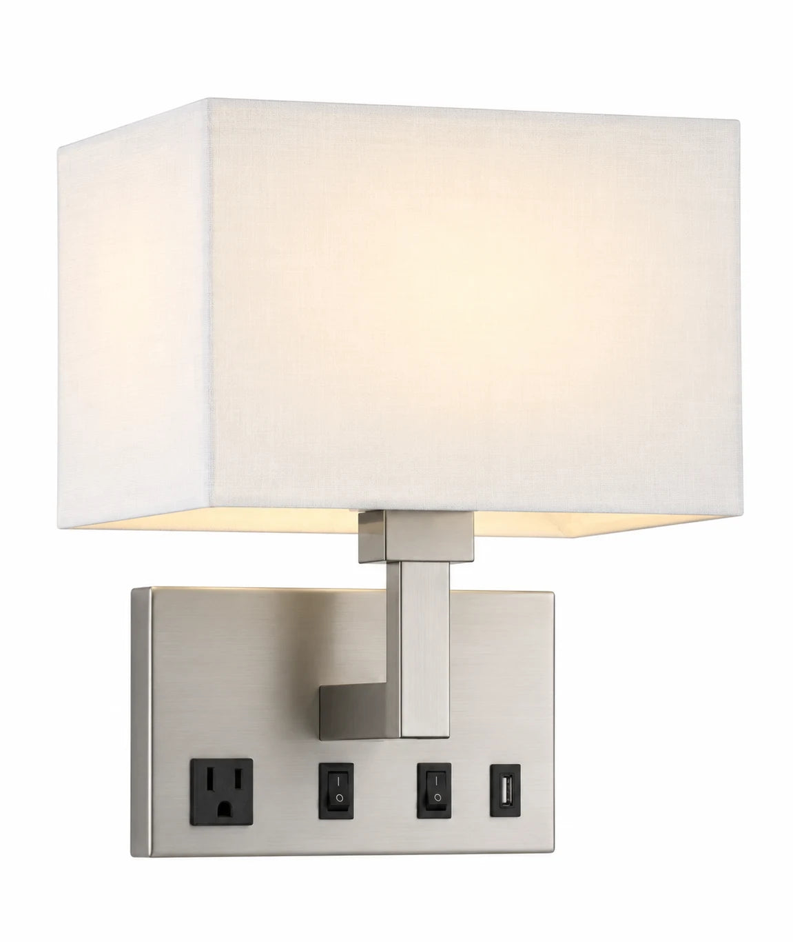 Brushed Nickel Single-Light Wall Lamp with White Rectangular Shade and Integrated Controls