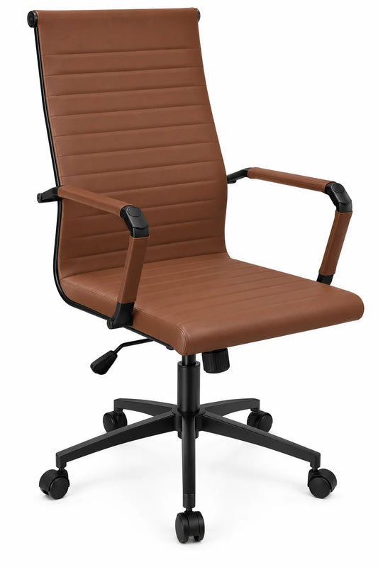 Brown High-Back Office Chair with Ribbed Cushion Seat, Armrests and Black Rolling Base