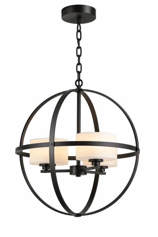 Modern Black Orb Multi-Light Pendant Lamp with White Cylindrical Shades and Open Globe Frame