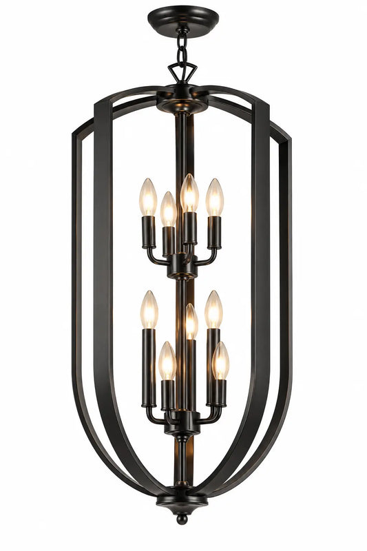 Black Two-Tier Cage Pendant Lamp with Candle-Style Lights and Tall Open Frame