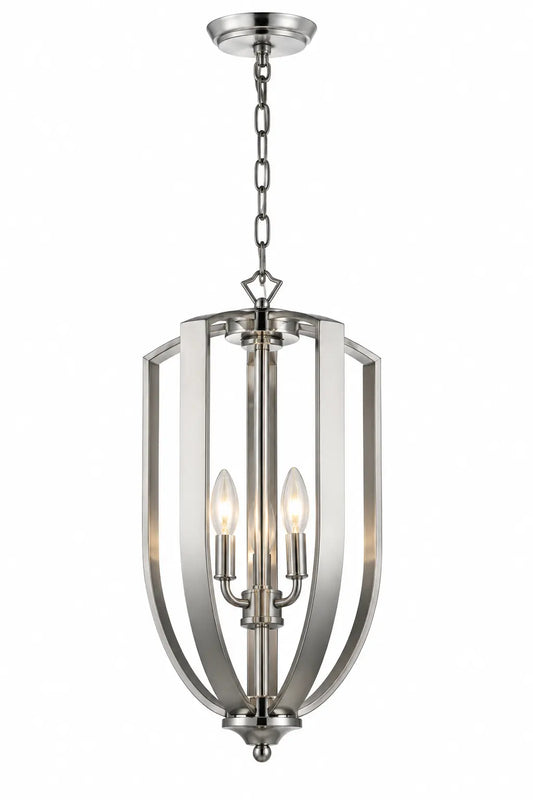 Chrome Multi-Light Cage Pendant Lamp with Candle-Style Lights and Tall Open Frame