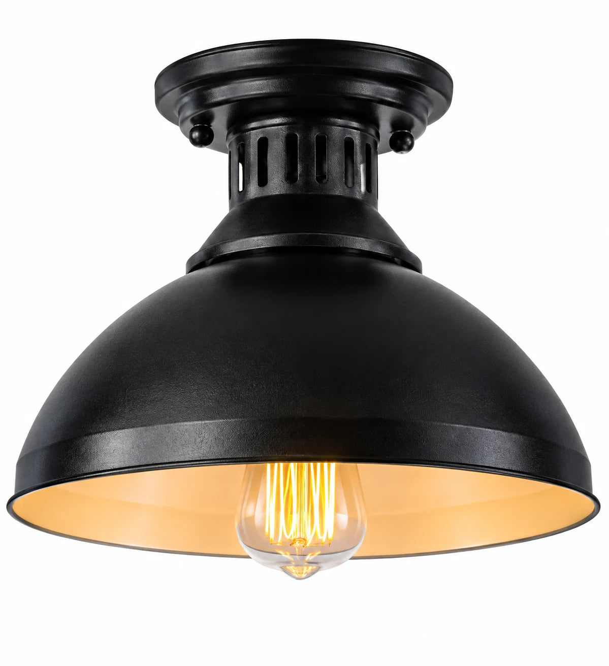 Industrial Black Semi-Flush Ceiling Lamp with Dome Metal Shade and Exposed Bulb