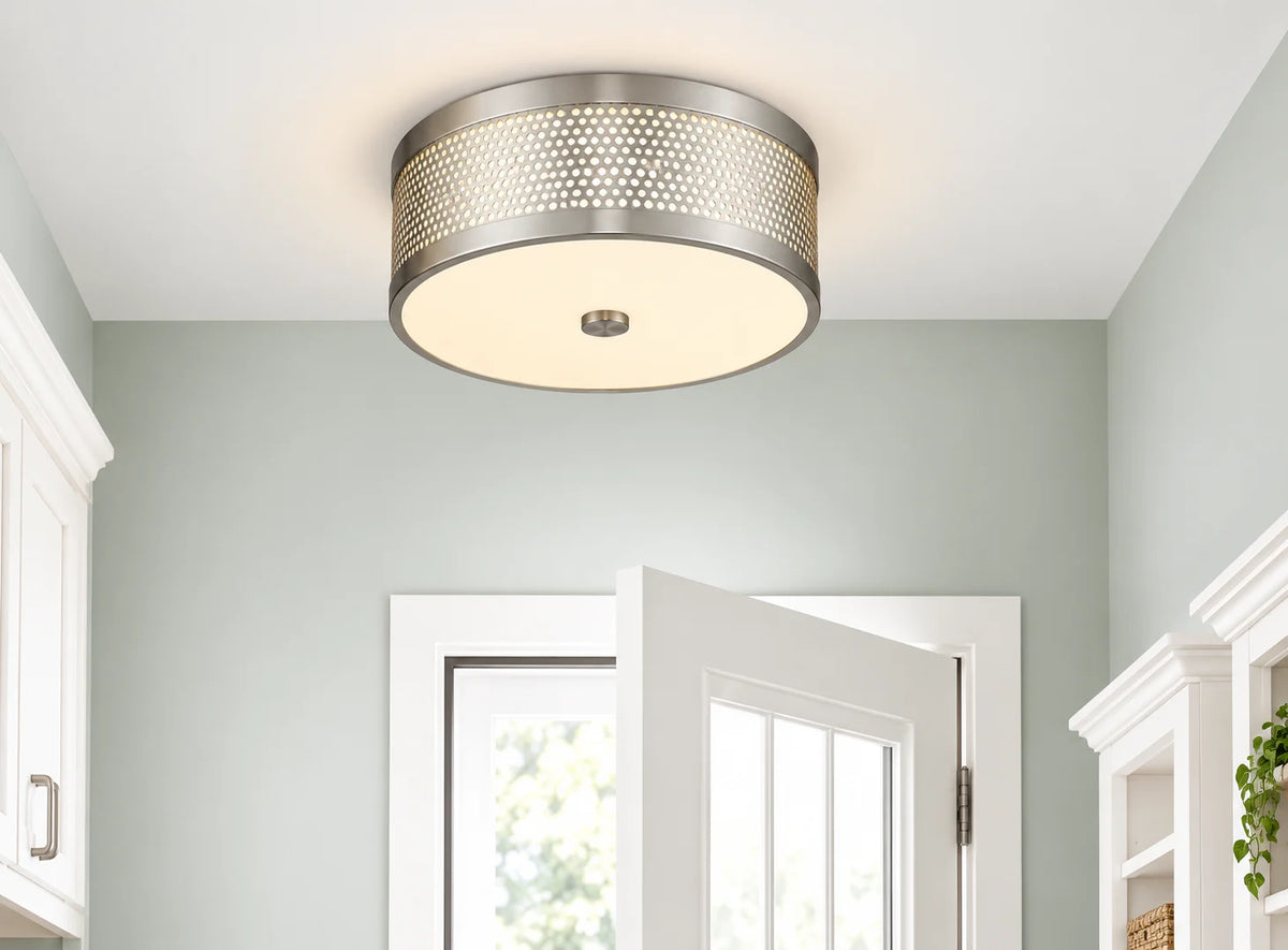 Modern Silver Round Flush Mount Ceiling Lamp with Perforated Metal Band and White Diffuser