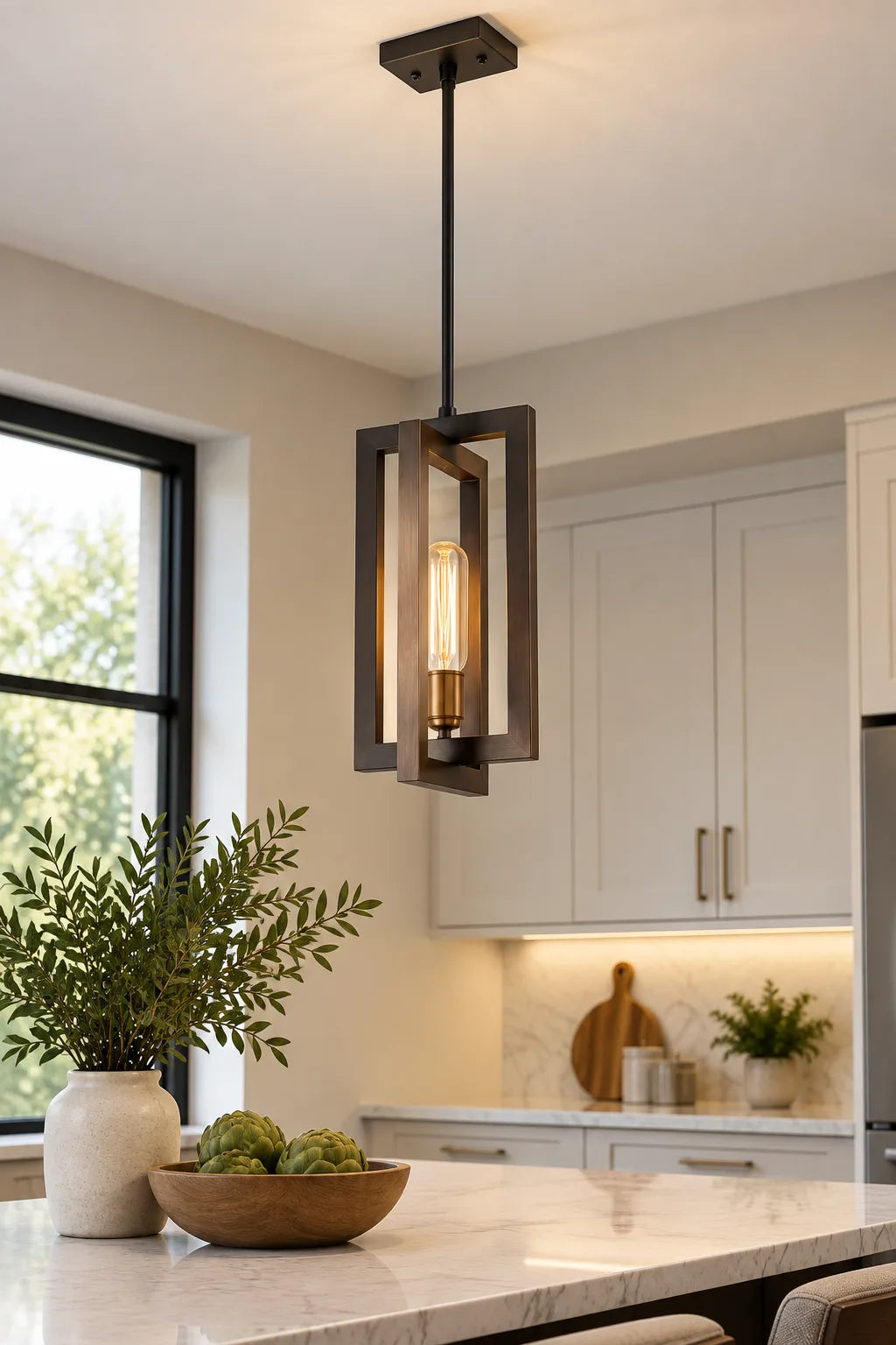 Dark Bronze Single-Light Geometric Pendant Lamp with Layered Rectangular Frame