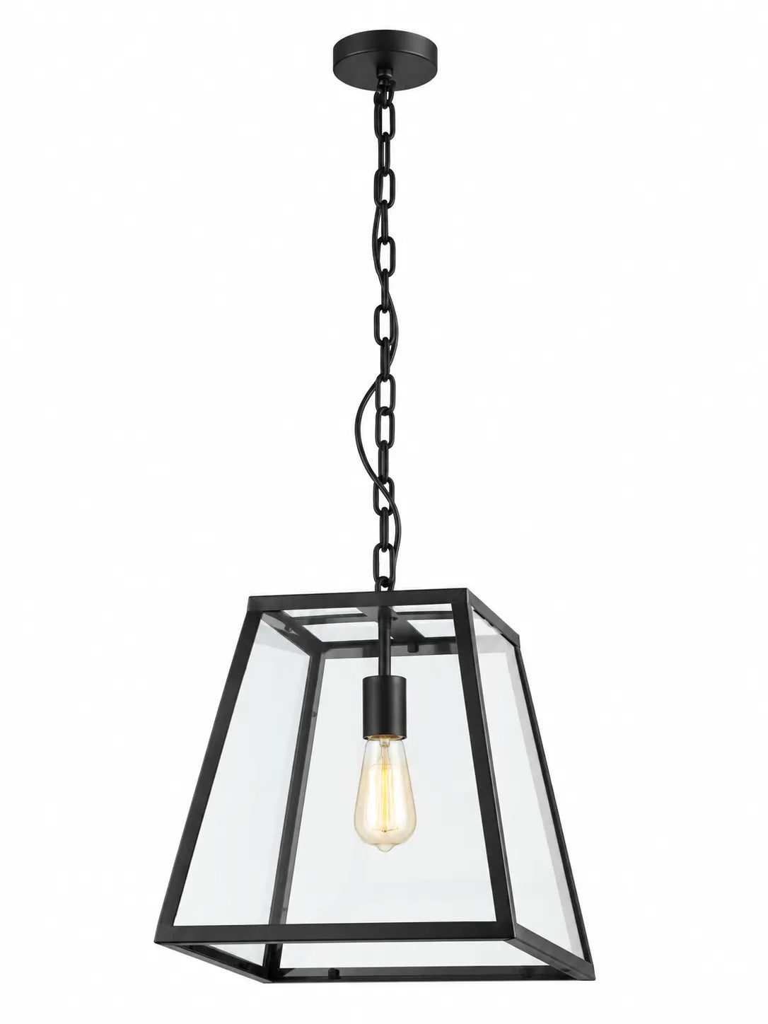 Black Single-Light Lantern Pendant Lamp with Clear Glass Panels and Trapezoid Frame