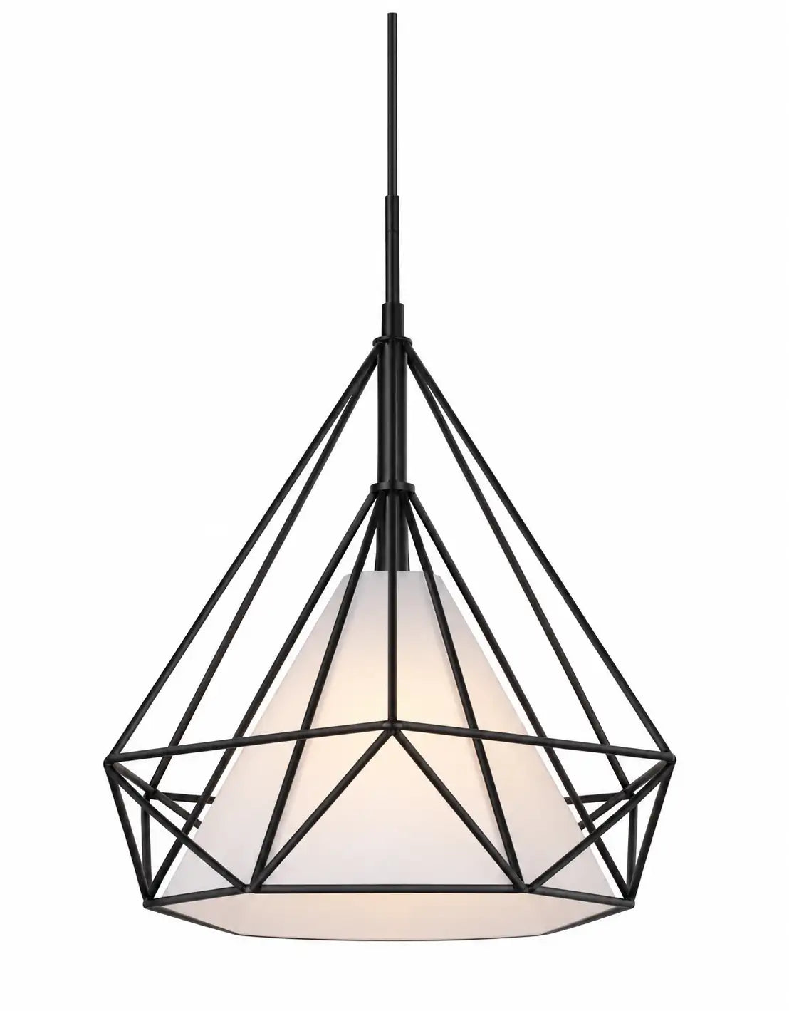 Black Geometric Pendant Lamp with Diamond Wire Frame and Light-Colored Inner Shade
