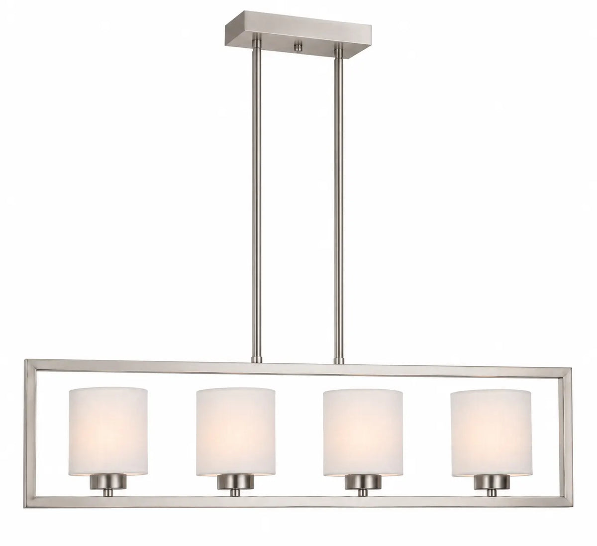 Brushed Nickel 4-Light Linear Pendant Lamp with White Drum Shades and Rectangular Open Frame
