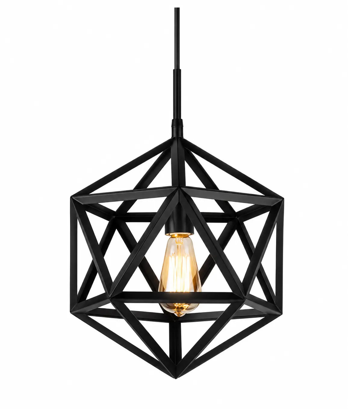 Black Geometric Single-Light Pendant Lamp with Faceted Open Cage and Exposed Bulb