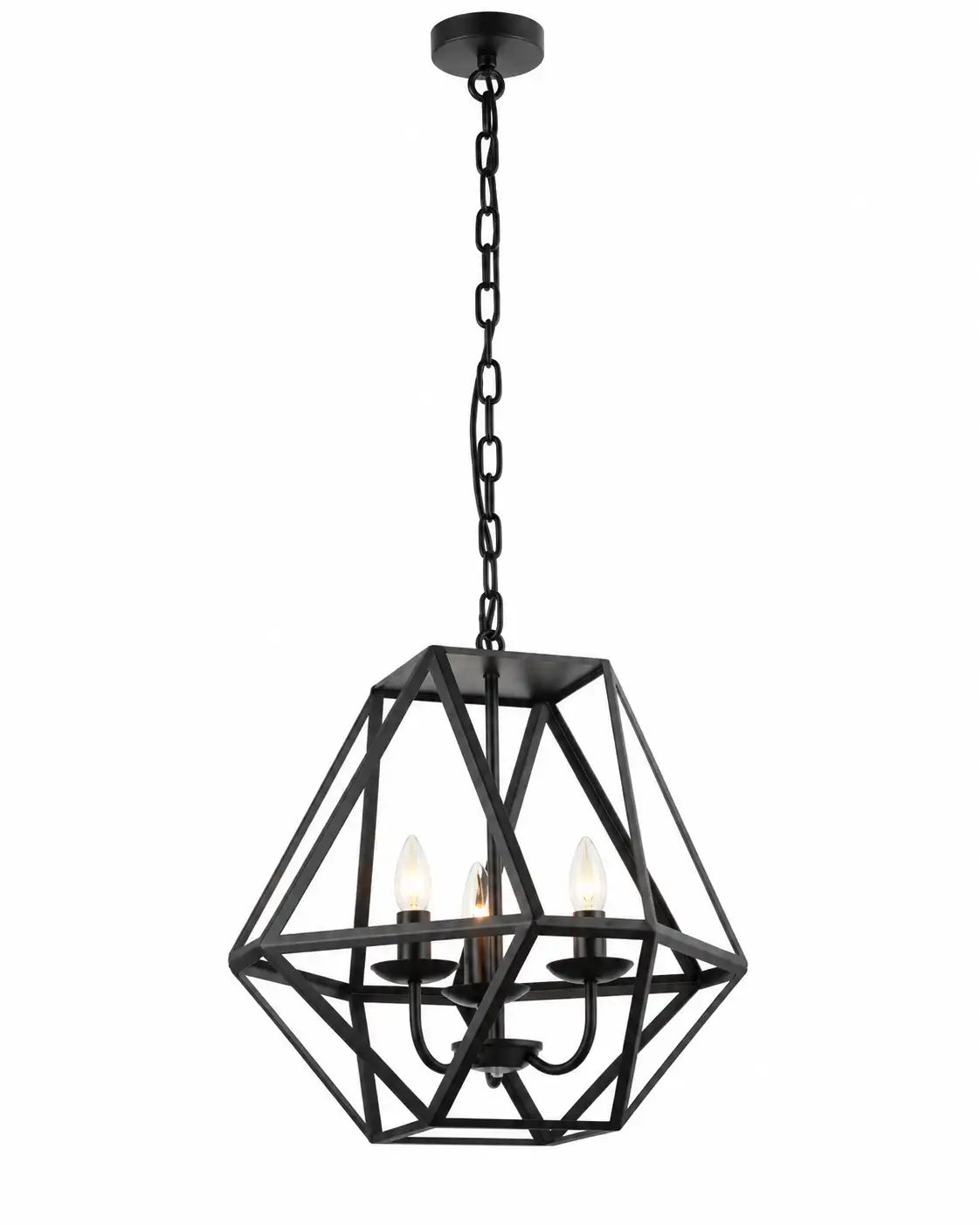 Black Geometric Multi-Light Pendant Lamp with Open Faceted Cage and Candle-Style Lights