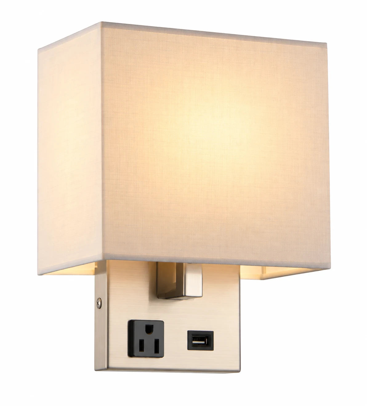 Modern Single-Light Wall Lamp with White Rectangular Shade and Built-In Outlet