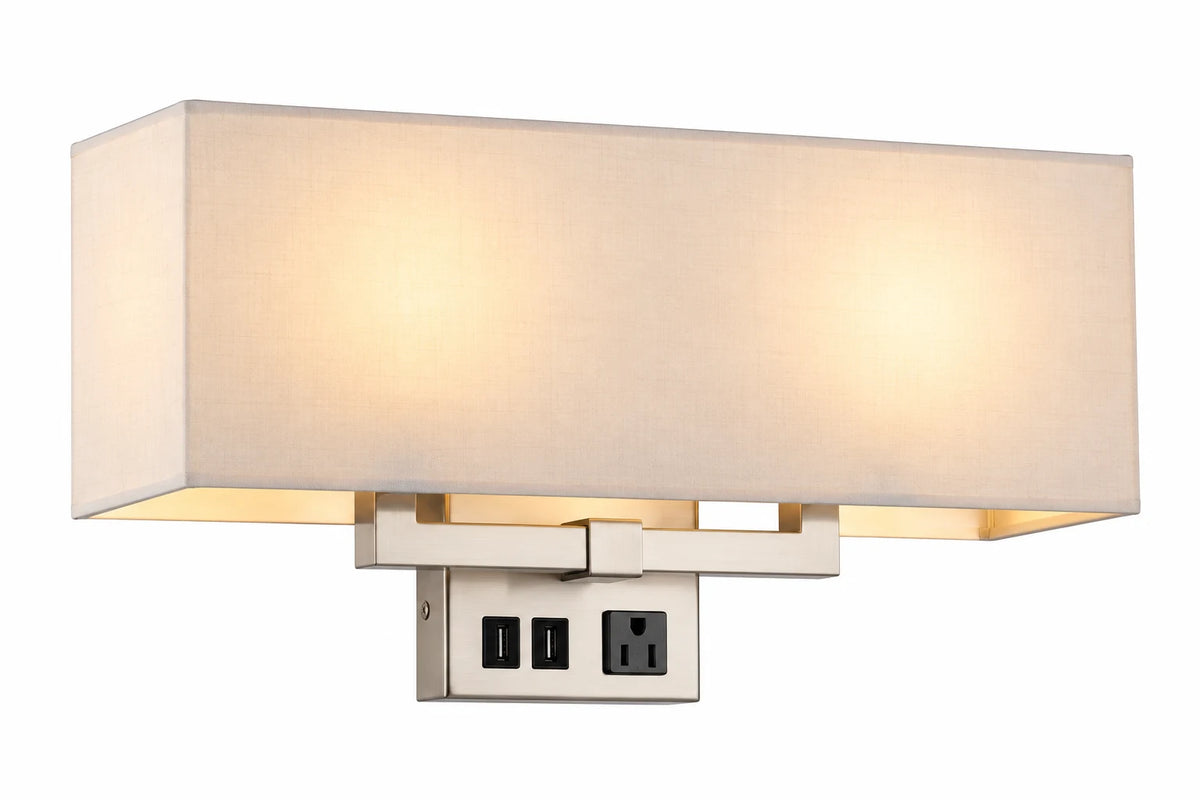 Modern Double-Light Wall Lamp with Wide White Rectangular Shade and Built-In Power Outlet