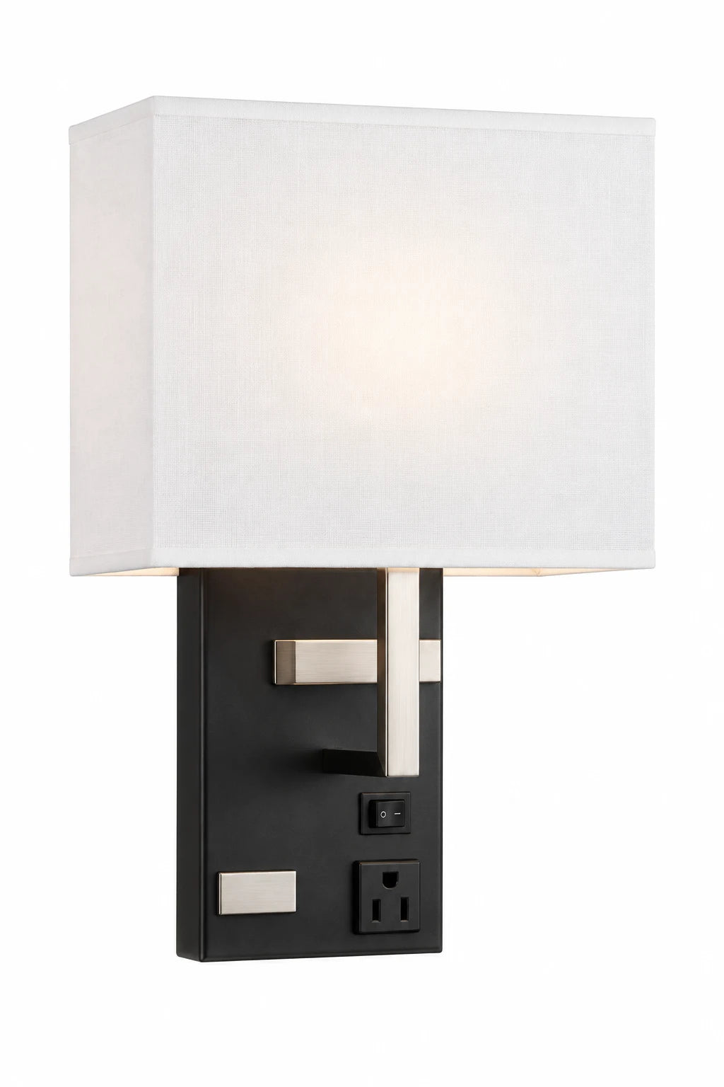 Modern Black Wall Lamp with White Rectangular Shade and Integrated Power Controls