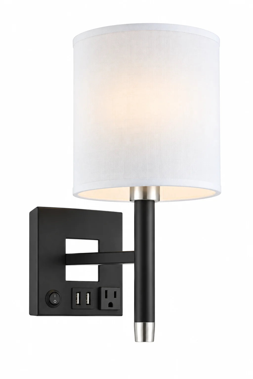 Modern Wall Lamp with White Cylinder Shade, Geometric Backplate and Integrated Controls