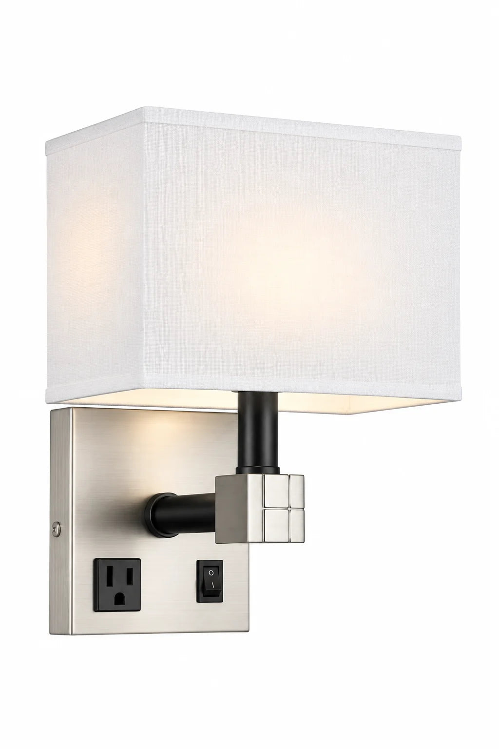 Modern Wall Lamp with White Drum Shade, Brushed Nickel Backplate and Built-In Power Outlet