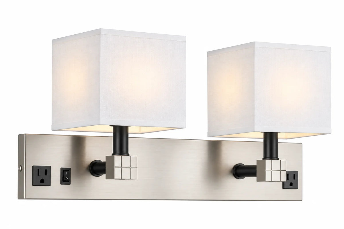 Modern Double-Light Wall Lamp with White Drum Shades, Brushed Nickel Backplate and Integrated Controls