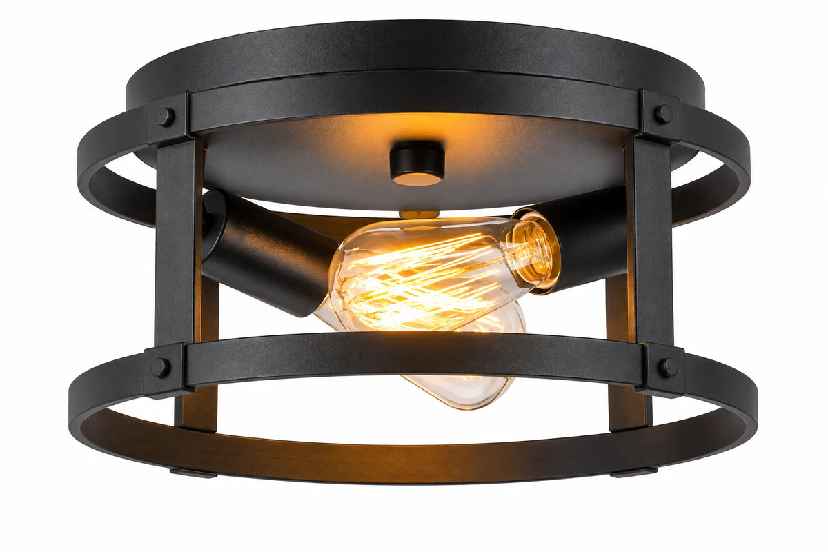 Industrial Black Semi-Flush Ceiling Lamp with Open Cage Frame and Exposed Edison-Style Bulb