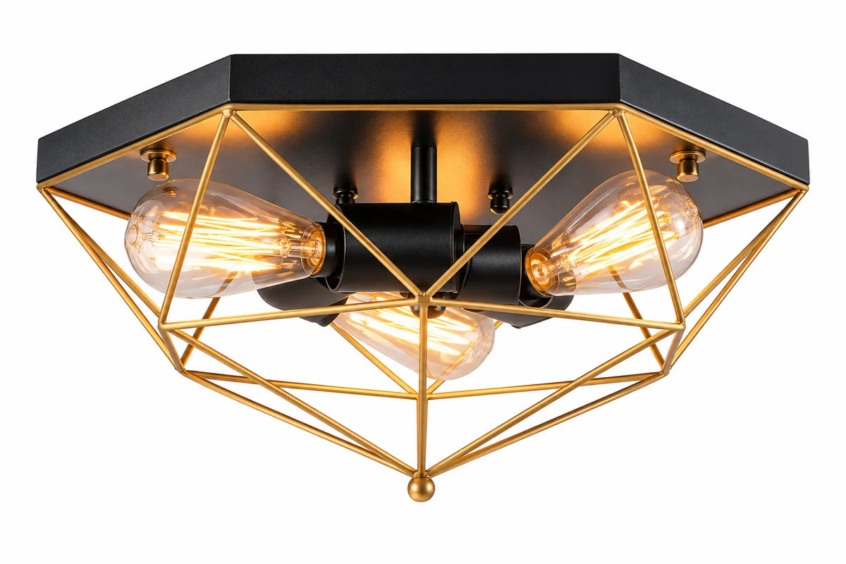 Modern Black and Gold 3-Light Ceiling Lamp with Geometric Wire Cage and Exposed Bulbs