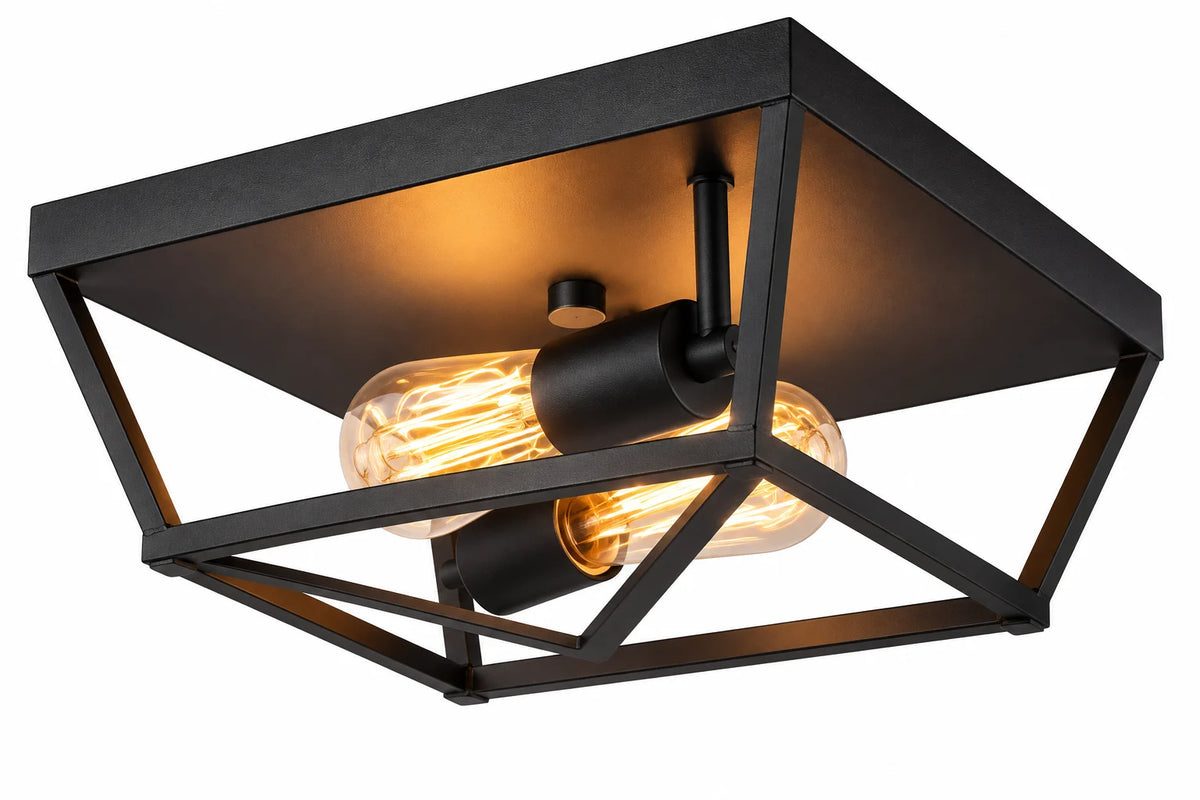 Industrial Black Square Ceiling Lamp with Open Geometric Cage and Exposed Bulb