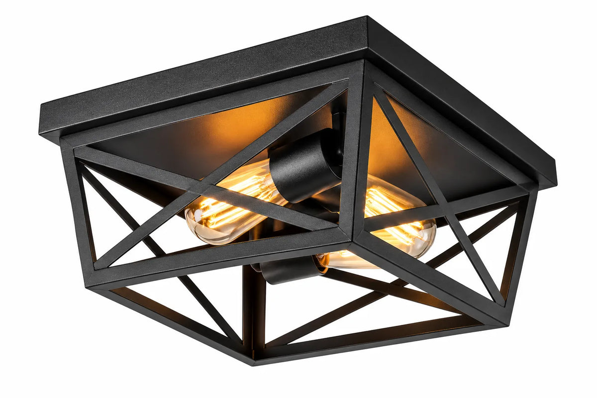 Industrial Black Square Ceiling Lamp with Geometric X-Brace Cage and Exposed Bulb Design