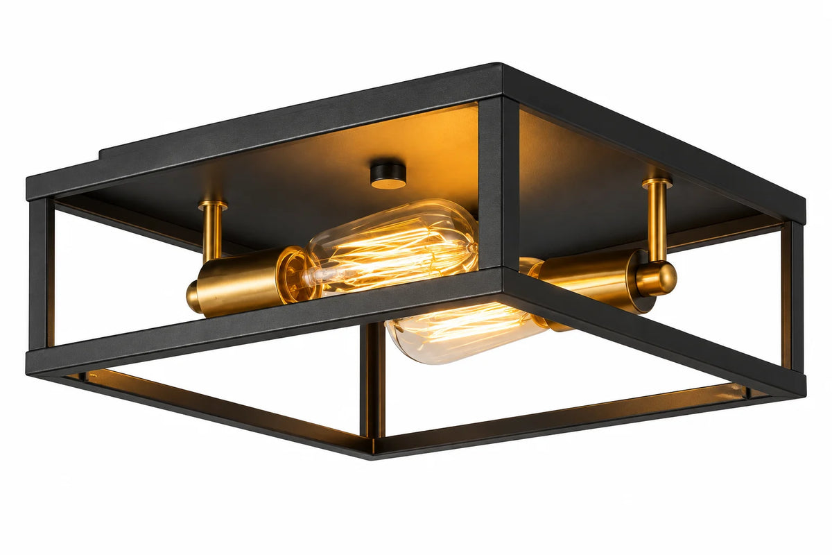 Black and Brass Square Ceiling Lamp with Open Cage Frame and Exposed Horizontal Bulbs
