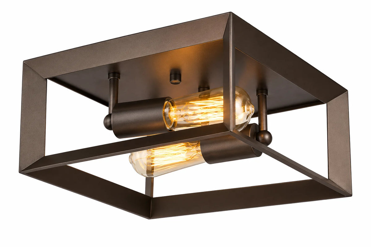 Dark Bronze Square Ceiling Lamp with Open Cage Frame and Exposed Horizontal Bulbs