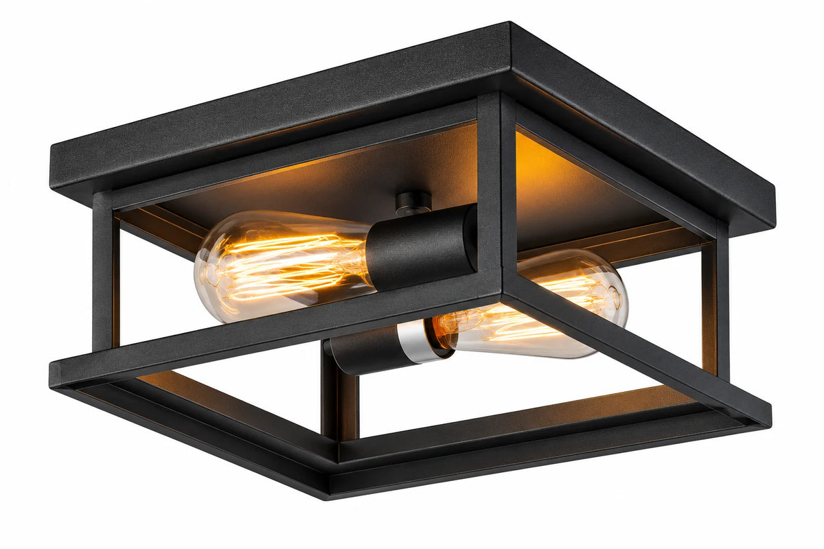 Black Square 2-Light Ceiling Lamp with Open Cage Frame and Exposed Horizontal Bulbs