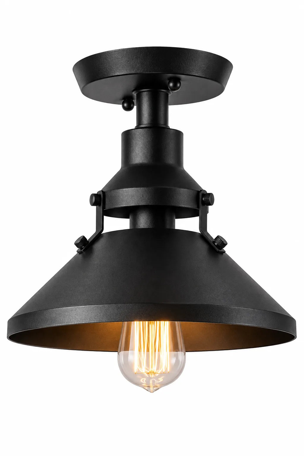 Industrial Black Semi-Flush Ceiling Lamp with Wide Metal Shade and Exposed Bulb