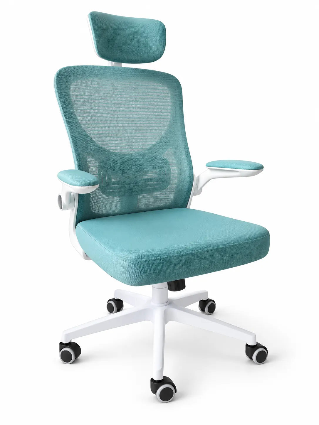 White-Frame High-Back Mesh Office Chair with Headrest, Padded Seat and Armrests