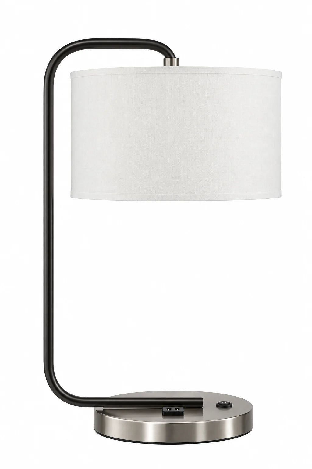 Modern Black Arc Table Lamp with White Drum Shade and Compact Round Base